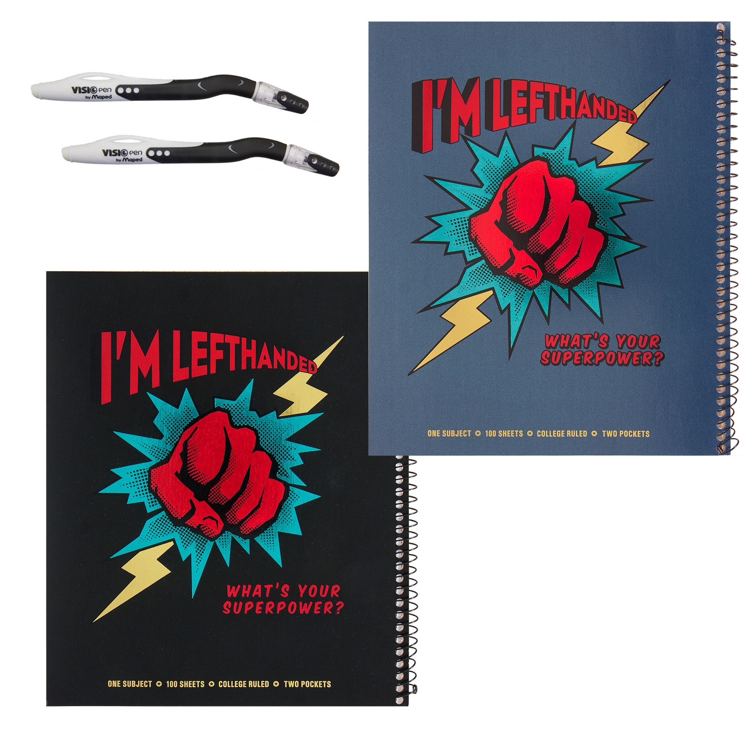 Left-Handed Super Power Set of 2 College Ruled Notebooks and 2 Pens